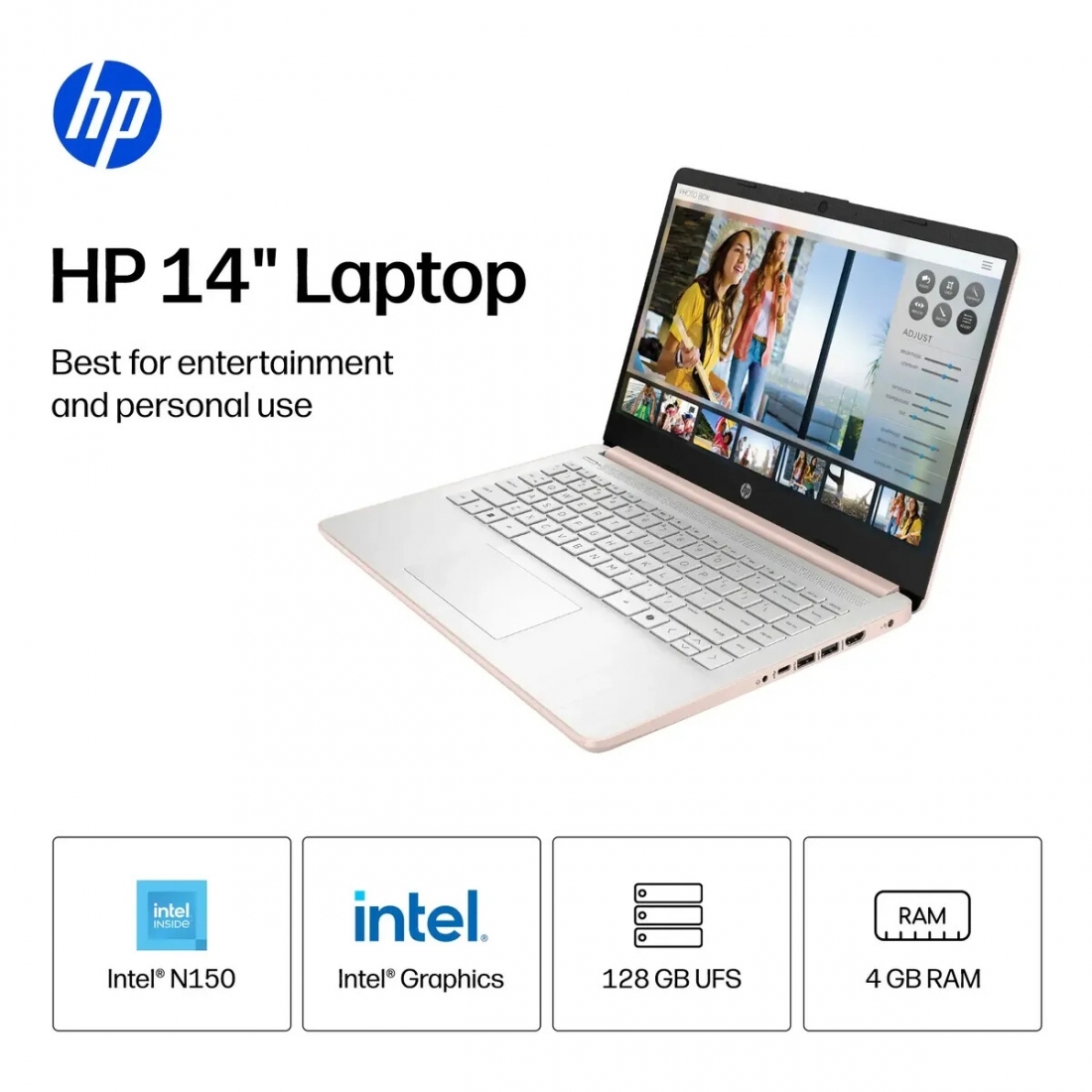 HP 14 HD LapTop - Intel N150 Processor, 4GB RAM, 128GB UFS, Pale Rose 